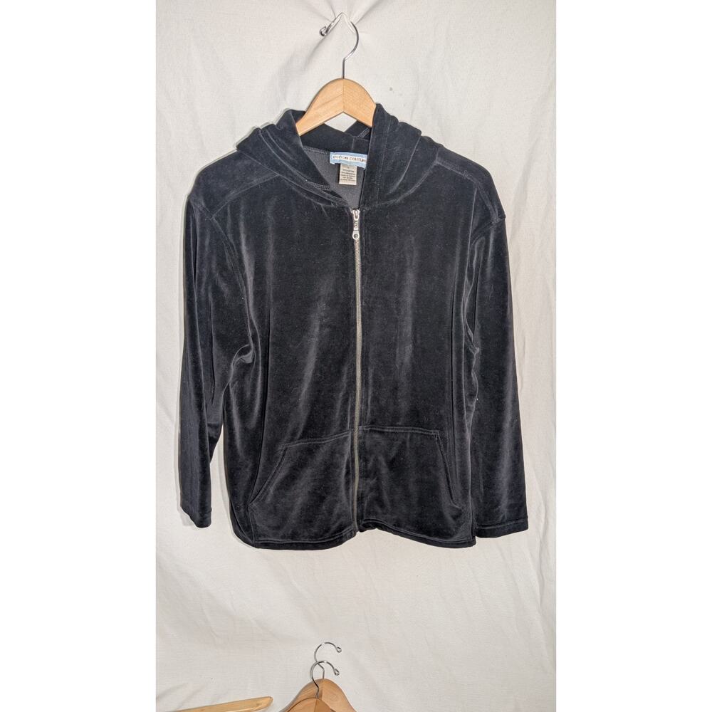 Cotton Couture Women's Velour Full Zip Hooded Track Jacket Sz L Black Y2K‎